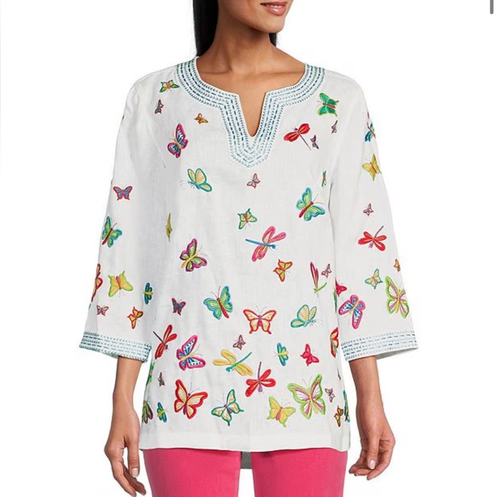 John Mark
Linen Blend Butterfly Embroidery Split V-Neck 3/4 Sleeve Tunic